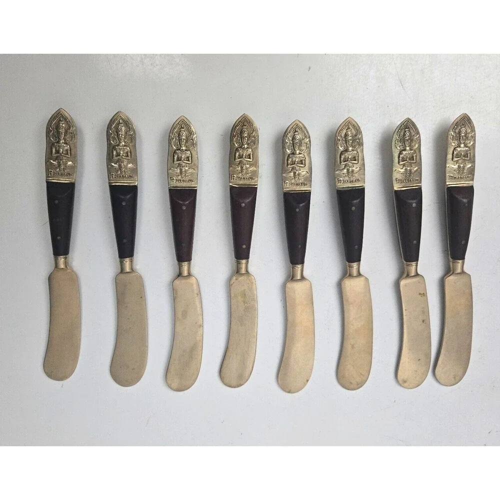 Vintage 8 Cheese Spreader Knives Buddha Bronze Brass Rosewood Siam Thailand 6” - Picture 4 of 13